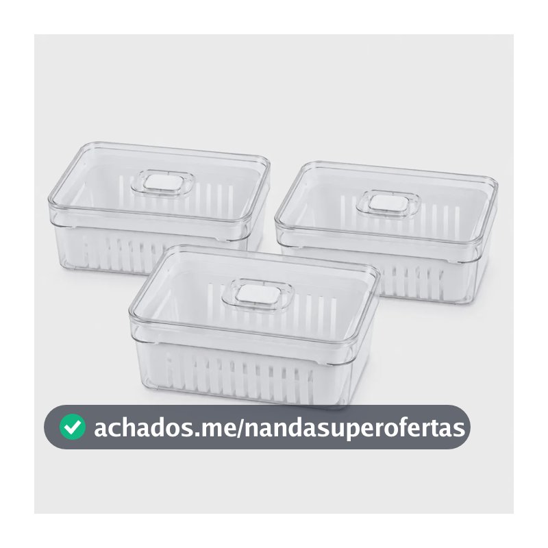 Kit 3 Potes Organizadores de Geladeira Cozena 2,2 Litros com Cesto de Drenagem Removível, Tampa e Pote Transparente Empilhável para Frutas, Legumes, Verduras, Todos os tipos de Alimentos