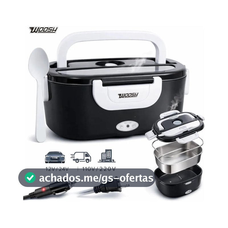 Marmita Elétrica Preta Bivolt Portátil Doméstica 110/220v Veicular 12/24v Lancheira 1.5l Com Divisórias Esquenta Rápido Refeições Práticas Trabalho Casa Carro Caminhão Viagem Faculdade Woosh