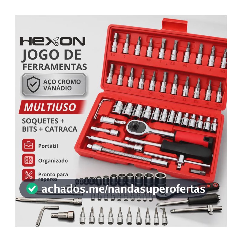 Kit Jogo Chaves Fenda Philips Catraca Soquete Allen Canhão 46 Peças Com Maleta Portátil Completa Mecânico Oficina Manutenção Casa Carro Profissional Resistente Uso Doméstico Compacto Origi