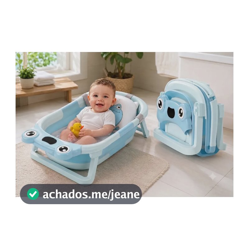 Banheira Bebe Dobrável Com Termômetro Almofada Azul Infantil Kids Suporte Banheirinha Chuveirinho Calor Ofurô Criança