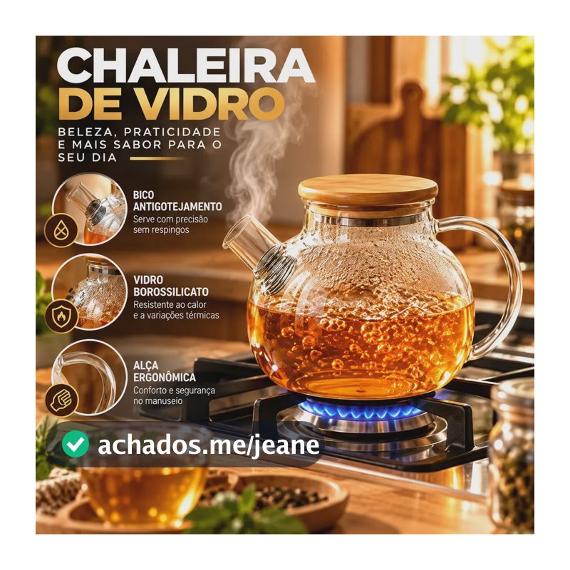 Chaleira de Vidro com Tampa Bambu Premium Borossilicato 1L Bule Café Chá