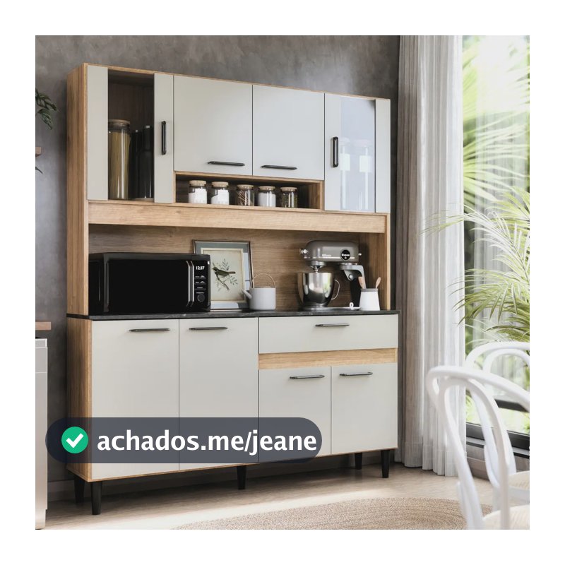 Armário de Cozinha Completa com Balcão 8 Portas Gaveta Com Vidro Nicho Organizador Branco Off White Carvalho Nature