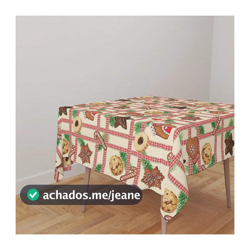 Toalha De Mesa Quadrada Tecido Cetim Natal 140x140cm Cor Natalina Xadrez Biscoitos Natalina Xadrez Biscoitos