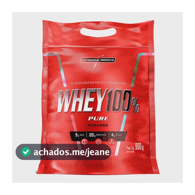 Whey 100% Pure Pouch Morango 900g Integralmedica - 21g De Proteína Para Hipertrofia E Recuperação Muscular