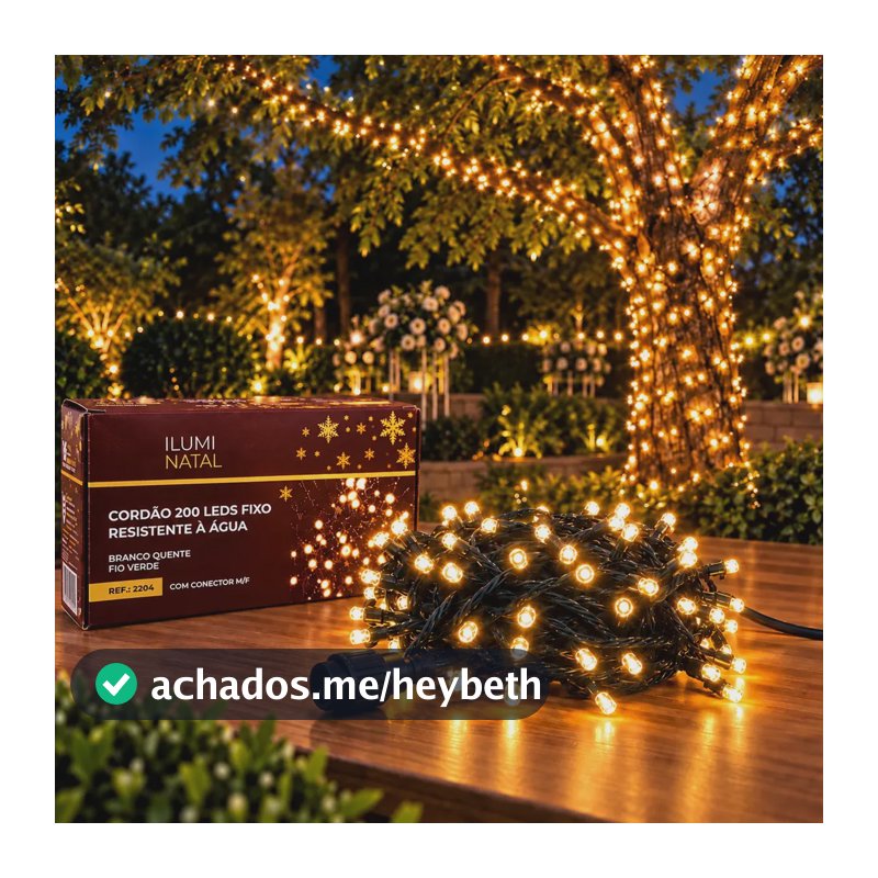 Cordão 20m 200 Leds Blindado Luz Fixa 20 Metros Contínuos P/ Árvore Natal Prova D'água Ip44 Fio 1.8mm Lph Pisca Pisca De Natal Fixo Conexão Macho Fêmea Luzes Natal Decoração Branco Quente 220