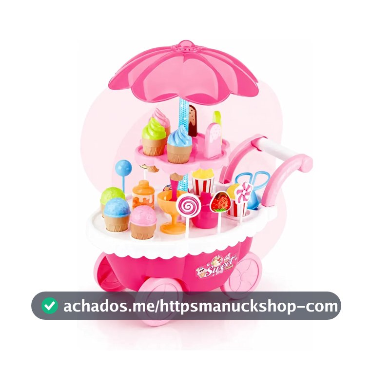 Carrinho de Sorvete Musical Infantil Kizumba, Rosa, com Luz e Som, e Acessórios