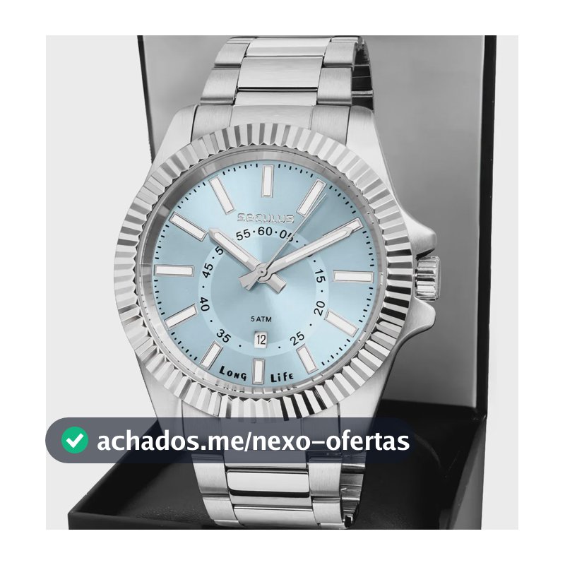 Relógio Seculus Masculino Casual de Aço Prata e Fundo Azul