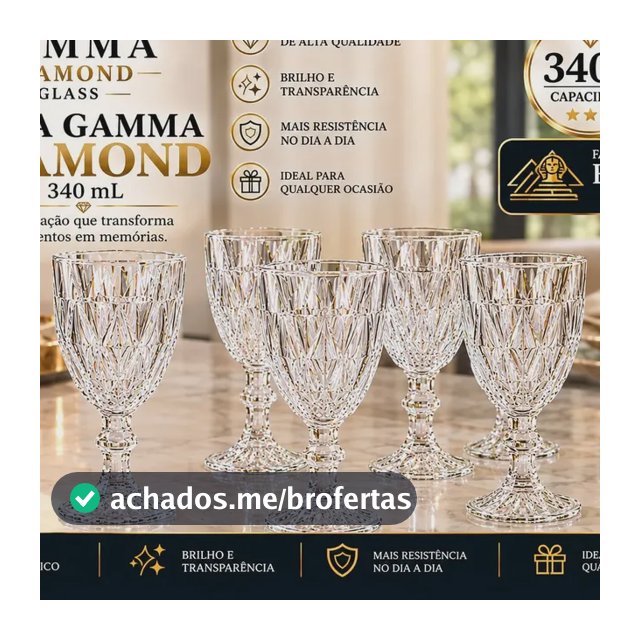 Jogo 6 Taças Vidro 340ml Diamond Luxo Moderno Agua Vinho Transparente