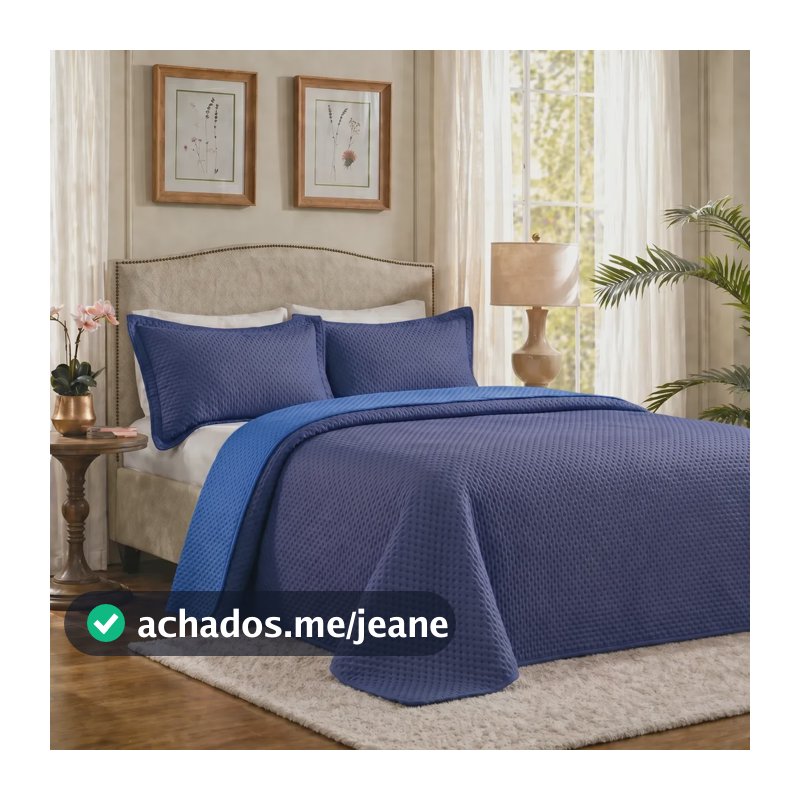 Kit Cobre Leito Casal Dupla Face Colcha 200 Fios 3 Peças Azul