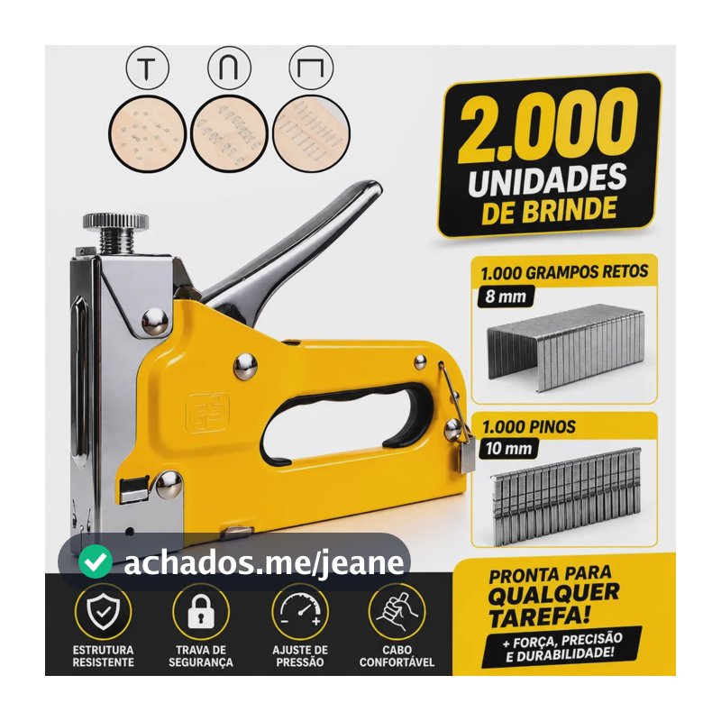 Grampeador Tapeceiro Madeira Estofado Profissional Tapeçaria Alta Pressão Com 2000 Grampos