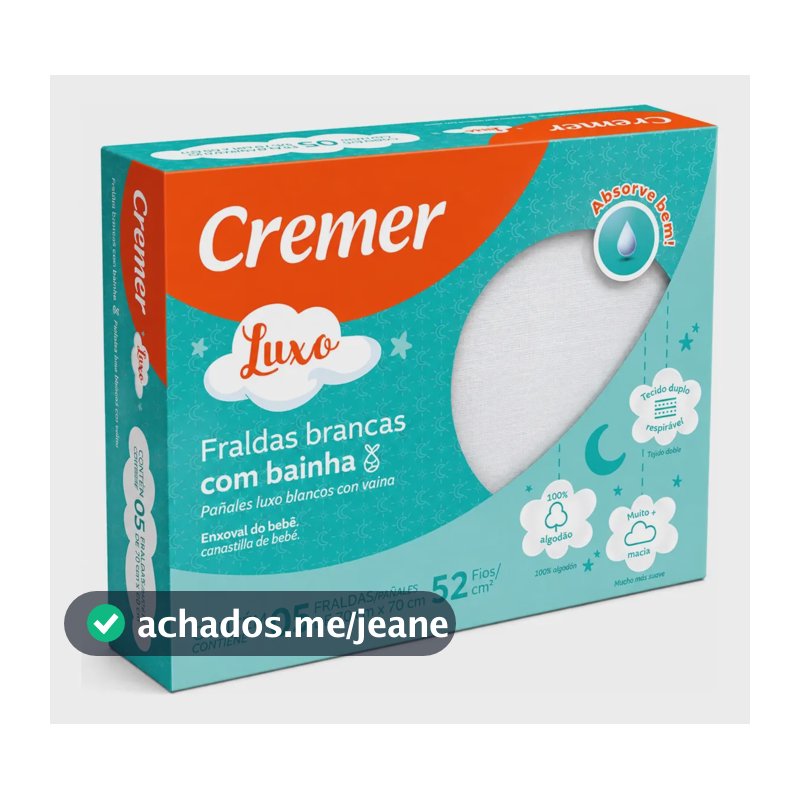 Fralda Branca Luxo De Algodão Com Bainha Macia 5un - Cremer