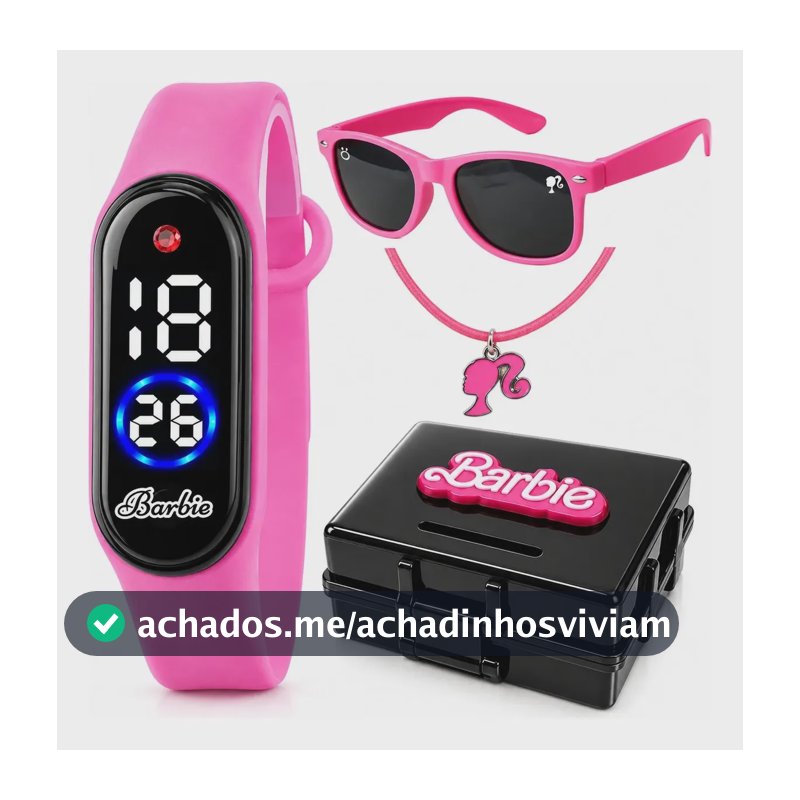 Relogio Infantil Led Barbie + Oculos Sol + Colar + Caixa Rosa