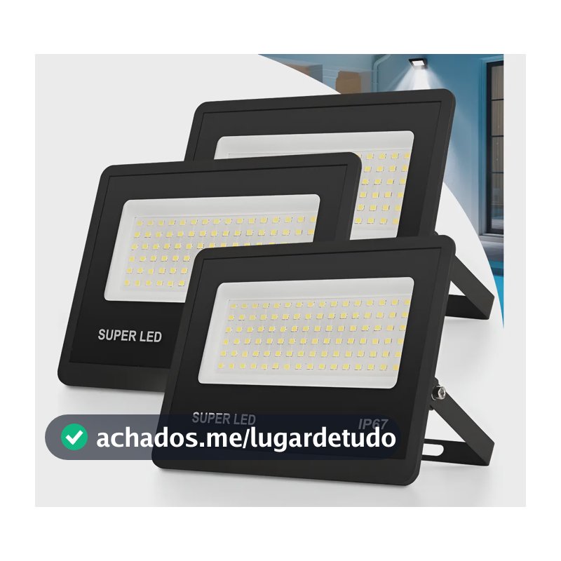 Kit 3 Refletor Led 300w Holofote Bivolt Ip67 Externas 6500k 127/220v Preto Branco-frio