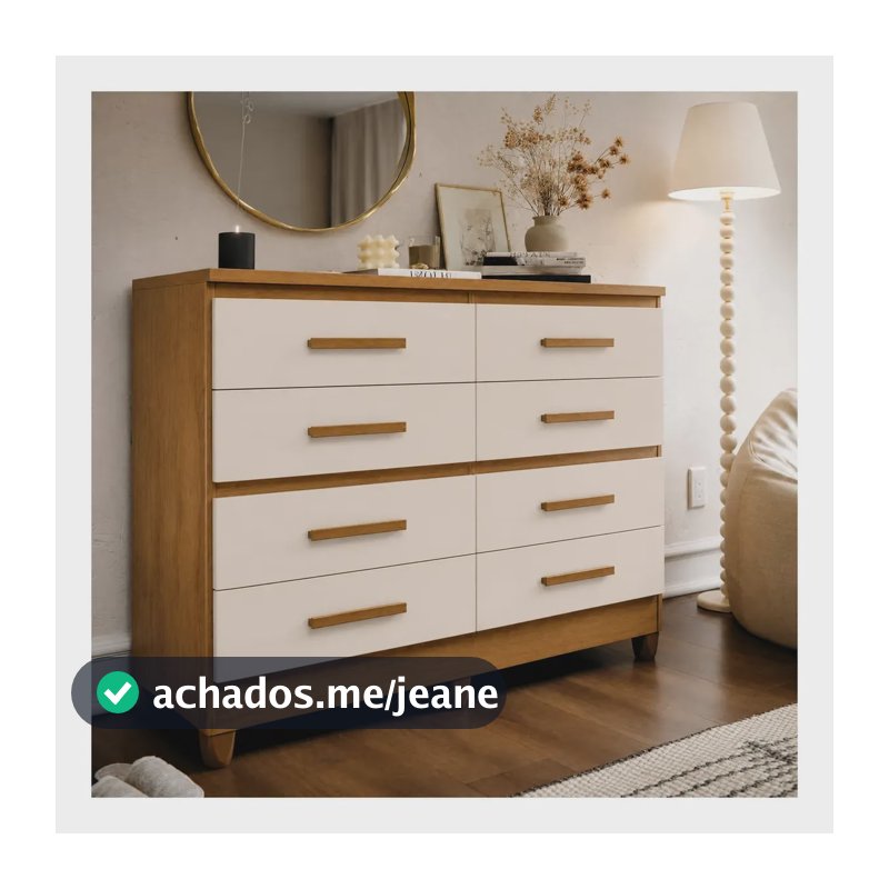 Cômoda 8 Gavetas Lite Casal Solteiro Grande Para Quarto Com Pés Moderna Cor Nature Off