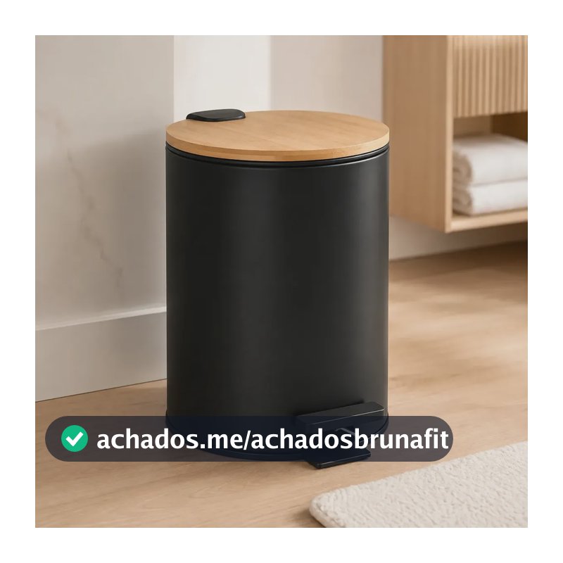 Lixeira 5l Preta Aço Inox Tampa Bambu Compacta C/ Cesto Interno Para Banheiro Cozinha Quarto Pedal Resistente