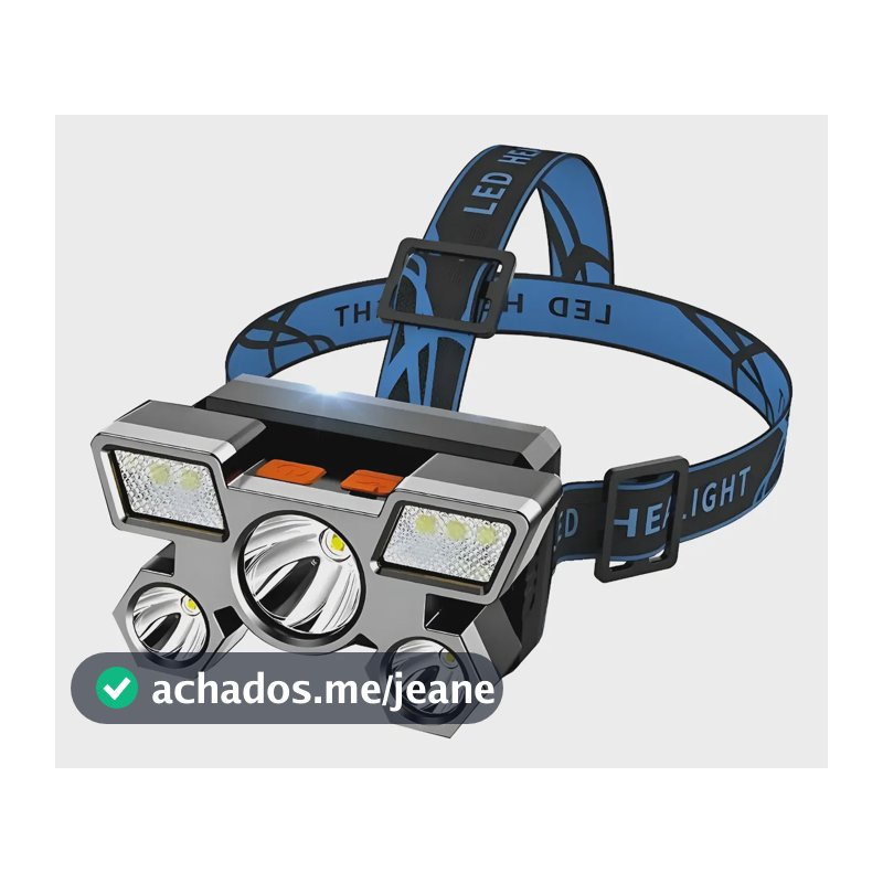 Lanterna Cabeça C/ 5 Led Cree T6 Profissional Potente Bike  Branco Prata C/ Fita Azul