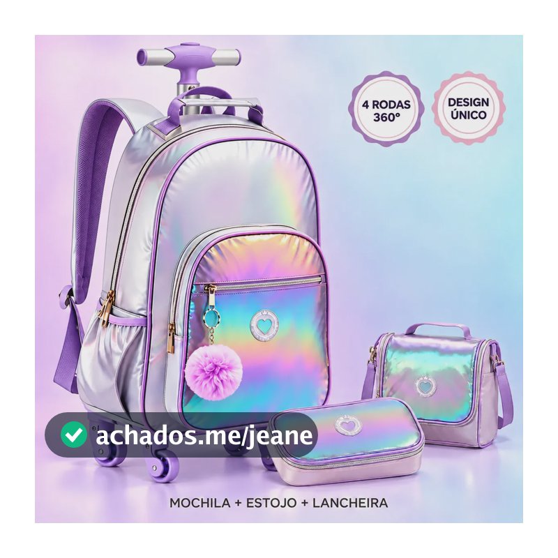 Mochila Escolar com Rodinha Teen Fashion Completa Lancheira Estojo Reforçada Grande Viagem Lilás