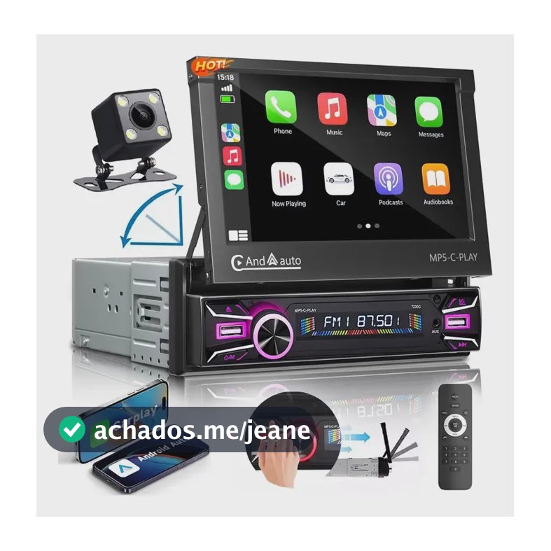 Central Multimídia Retrátil 7in Bt Mp5 1din Espelha Carplay Preto