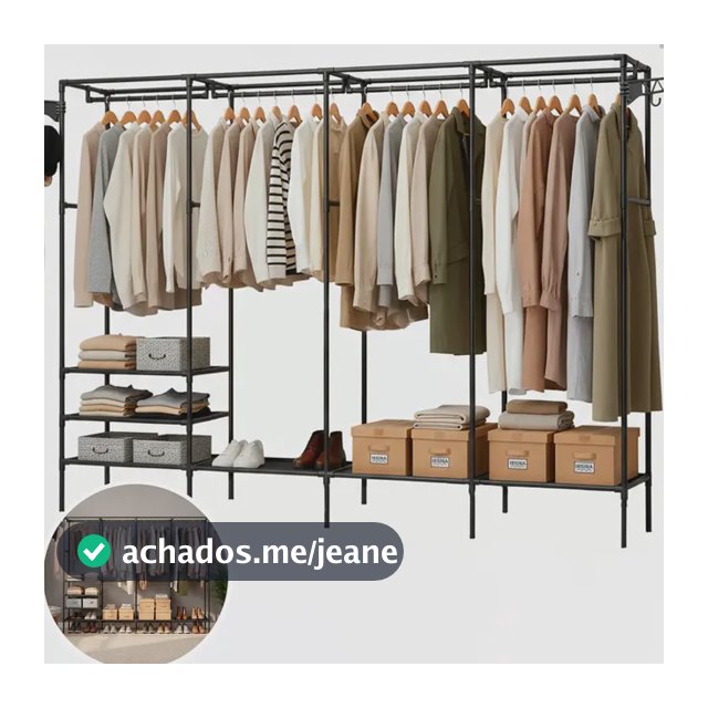 Guarda Roupa Cabideiro Organizador Closet Aberto Desmontavel Arara Divisórias 10 Prateleiras Aço Resistente Preto Irsina