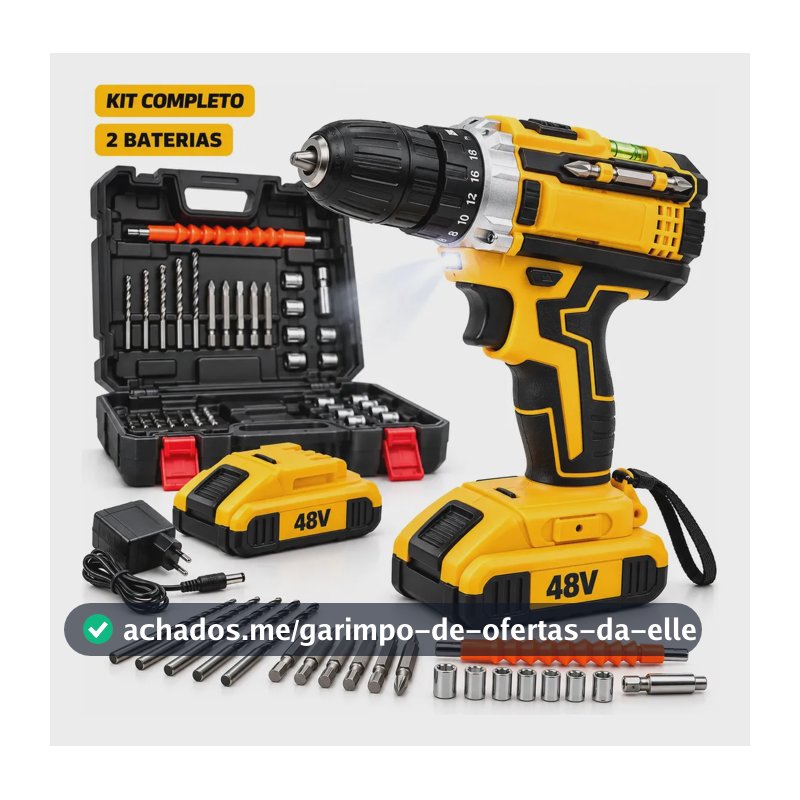 Parafusadeira e Furadeira Sem Fio 48V com 2 Baterias e Kit 24 Acessórios Lar Commex