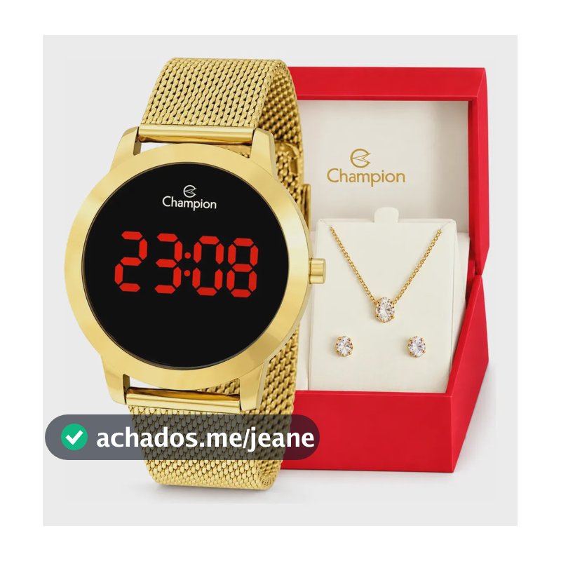 Relógio Feminino Champion Digital CH40106H 42 Milímetros Dourado Pulseira Mesh Aço Inoxidável Fundo Preto Prova D´Agua 50m