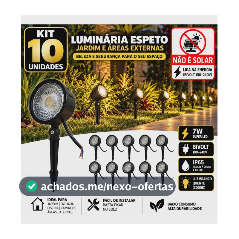 Kit 10 Luminária Espeto Jardim Super Led 7w Ip65 Prova Dágua 127/220v Preto /refletor Espeto Jardim Super Led 7 Branco Quente W Prova Dágua Branco-quente