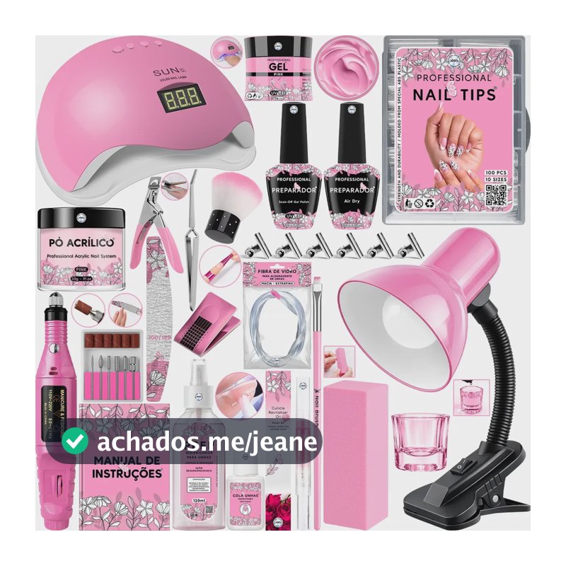 Kit Unha Gel Alongamento Cabine Lixadeira Elétrica Luminária Rosa