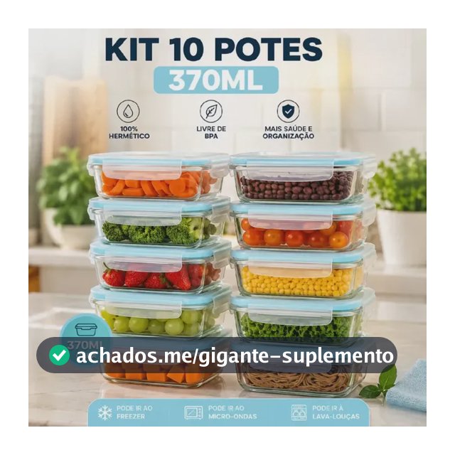 Kit 10 Potes Herméticos Vidro 370ml Marmita Fitness Tampa 4 Travas Anti Vazamento Forno Refratário Micro-ondas Airfryer Hxrd