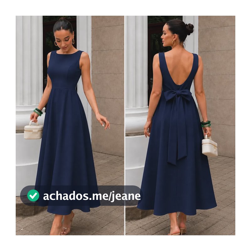 Vestido Longo Feminino Decote Canoa E Laço Alfaiataria Luxo Azul-marinho Liso Pp