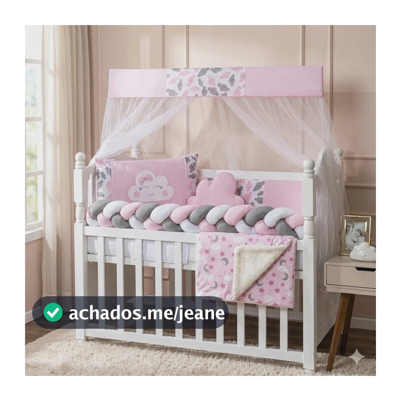 Kit Berço Completo Inverno + Coberdrom Mantinha Carneirinho Nuvem Rosa