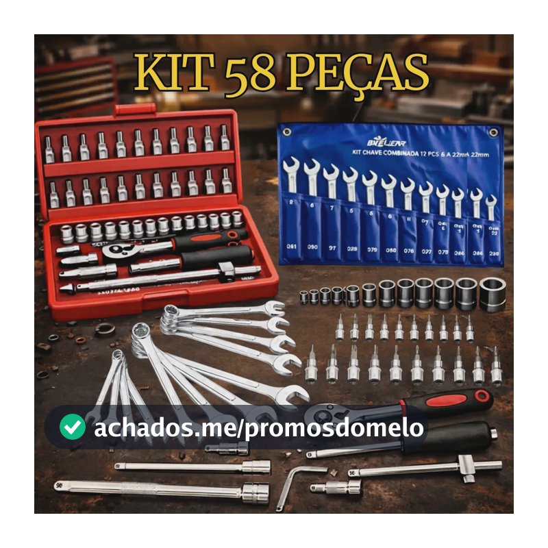 Kit Jogo De Ferramentas 58 Peças Completo Profissional Soquete 46 Peças + Chave Combinada 12 Peças Conserto Carro Moto Casa Oficina Kit Soquetes Com Catraca 46 Peças + Jogo 12 Chaves + Maleta Hexon