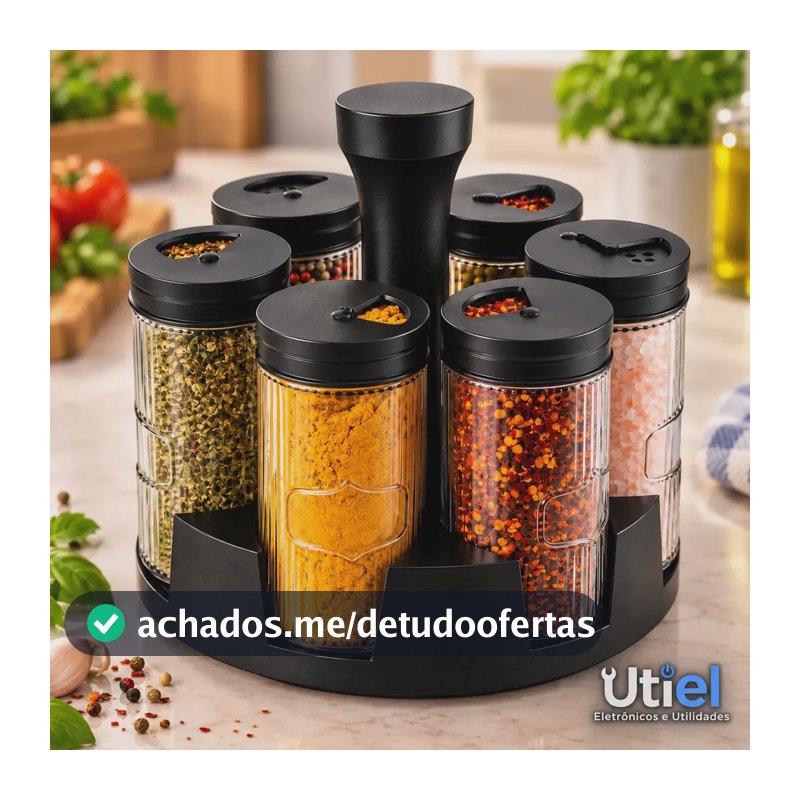 Porta Temperos Condimentos 6 Potes De Vidro Giratória Preto