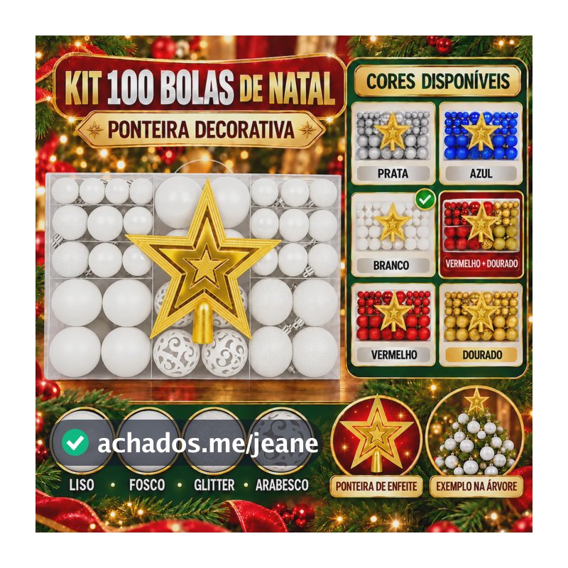 Kit 100 Bolas Natal Lisas/foscas/glitter C/ Ponteira Enfeite Branco