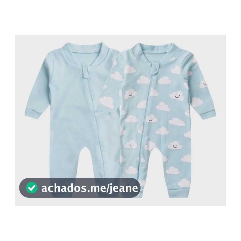 Kit 2 Macacão Bebê Com Zíper Sem Pé Liso E Estampado Azul Nuvem M