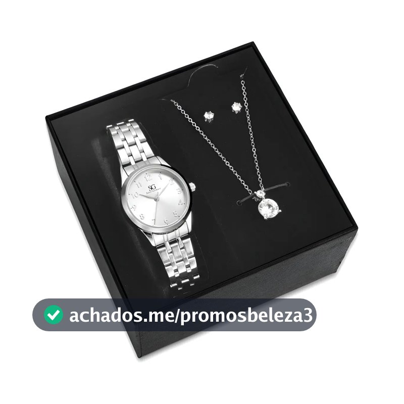 Kit Relógio Colar E Brincos Ponto De Luz Feminino Luxo Silver Saint Germain Presente Original Joias Prata Elegante Clássico 28mm