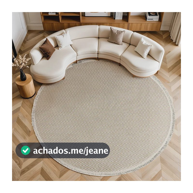 Tapete Redondo Bege 2,50m Com Franja Sala Quarto Decorativo Rústico Geométrico Natural Antiderrapante 100% Algodão Artesanal Lavável