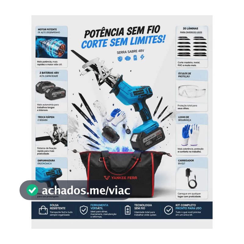Serra Sabre YANKEE FERR Razi Moto 21V Sem Fio Profissional para Carne e Madeira com 2 Baterias e 20 Lâminas