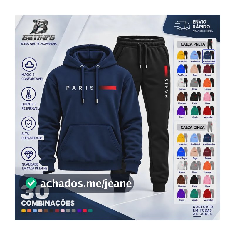 Conjunto Moletom Calça Unissex Paris Canguru Casaco Frio M Azul-marinho