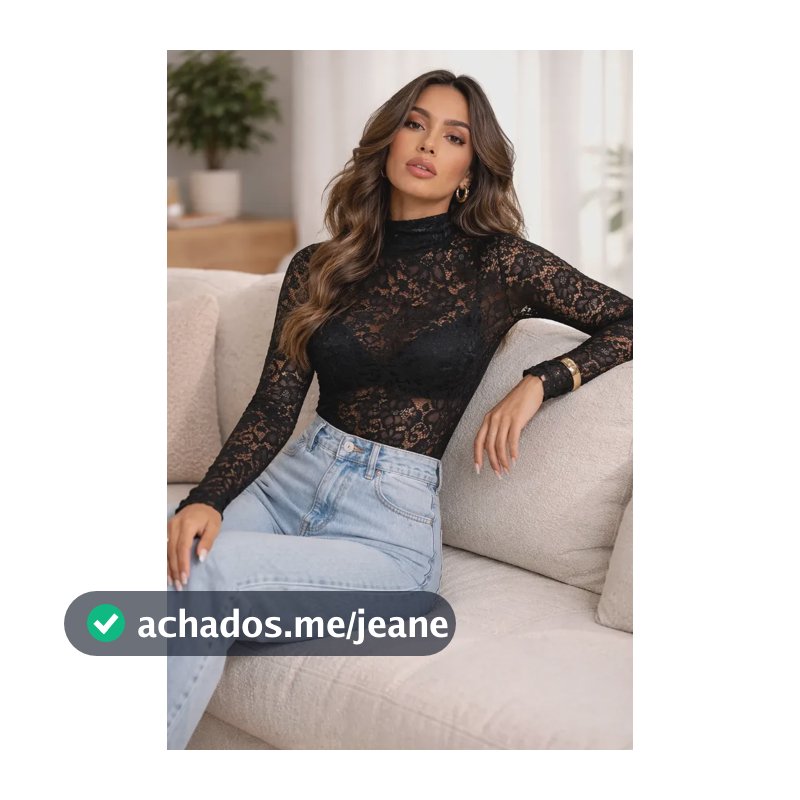 Body De Renda Feminino Transparente Manga Longa Floral Luxo Preto Único (m/g)