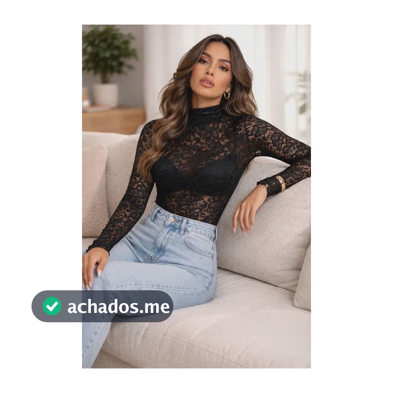 Body De Renda Feminino Transparente Manga Longa Floral Luxo Preto Único (m/g)