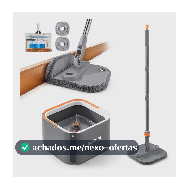 Mop Limpeza Giratório 2 Águas Premium Separação Água Limpa E Cabo 90-160CM Inox Retrátil , 2 Refis ,3L Balde BOMIDI