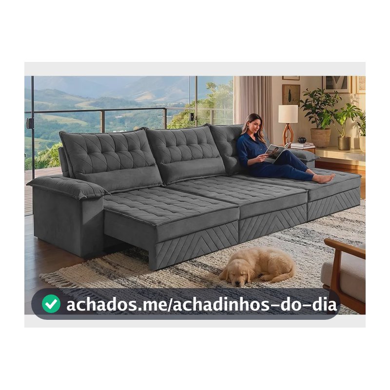 Sofá Retrátil 3,60m Molas E Espuma D33 Thunder. Cama Inbox Cinza Liso