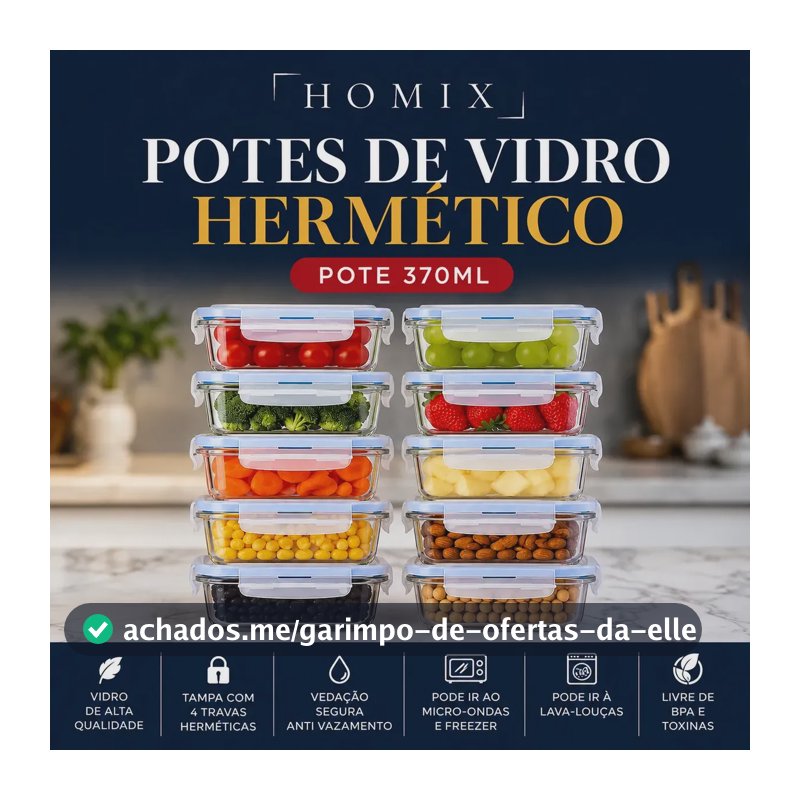 Kit 10 Potes Vidro Hermético 370ml Retangular 4 Travas Marmita Premium Homix