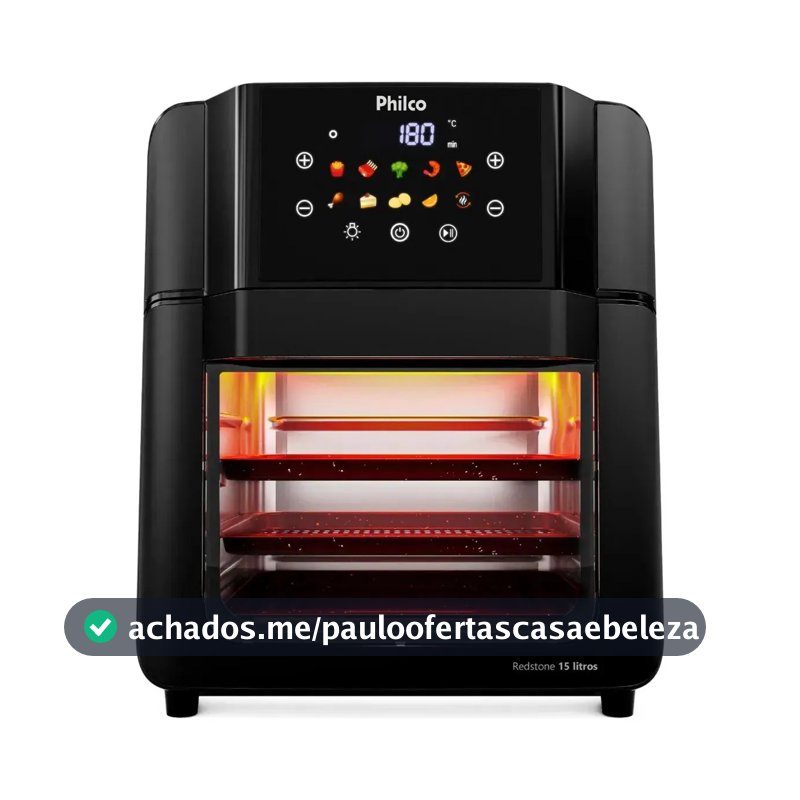 Philco PAF15C Fritadeira Air Fryer Oven 15 Litros Revestimento Redstone Porta Removível Luz Interna 10 Funções 220v Preta