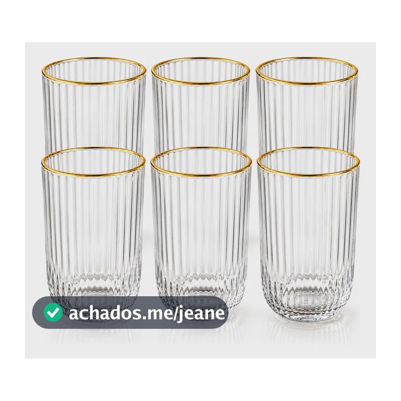 Jogo 6 Copos De Vidro 420ml Canelado Borda Dourada Água Borda Dourada