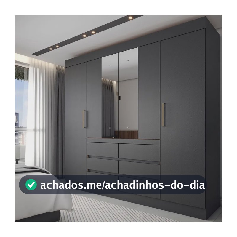 Guarda-roupa Casal Honey 4 Portas 6 Gavetas Com Espelho Preto/Amêndola