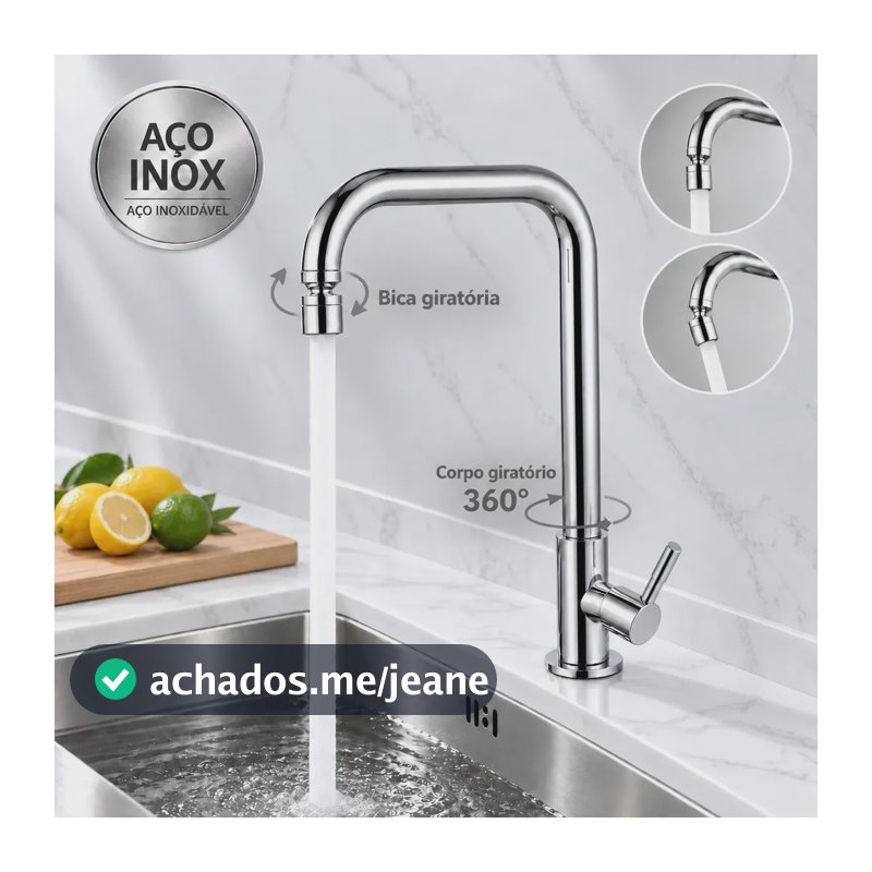 Torneira Cozinha Inox Cromada Água Fria Bica Alta Giratória Corpo Giratório com Arejador