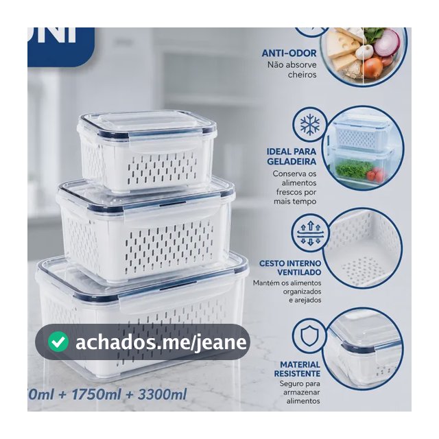 Kit 3 Recipientes Vedação Hermética Empilháveis Conservar Branco