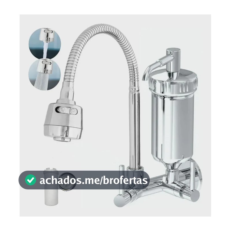 Torneira Cozinha Parede Com Filtro 2 Jatos Modos Prateado Brilhante