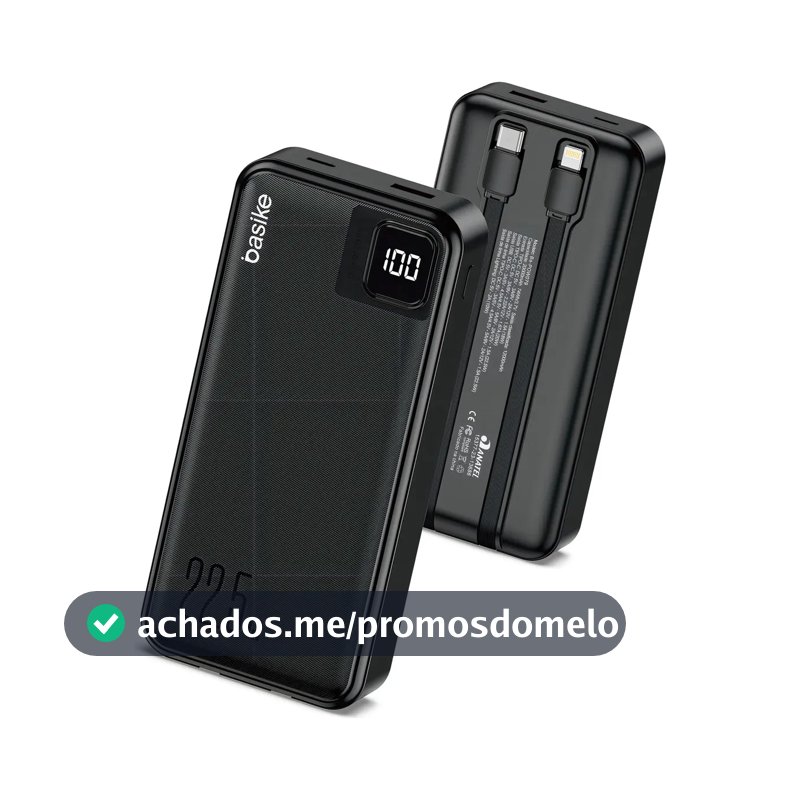 Power Bank Basike 20000mAh Preto, Carga Rápida 22.5W para iPhone e Samsung, Com Cabos Embutidos e Display